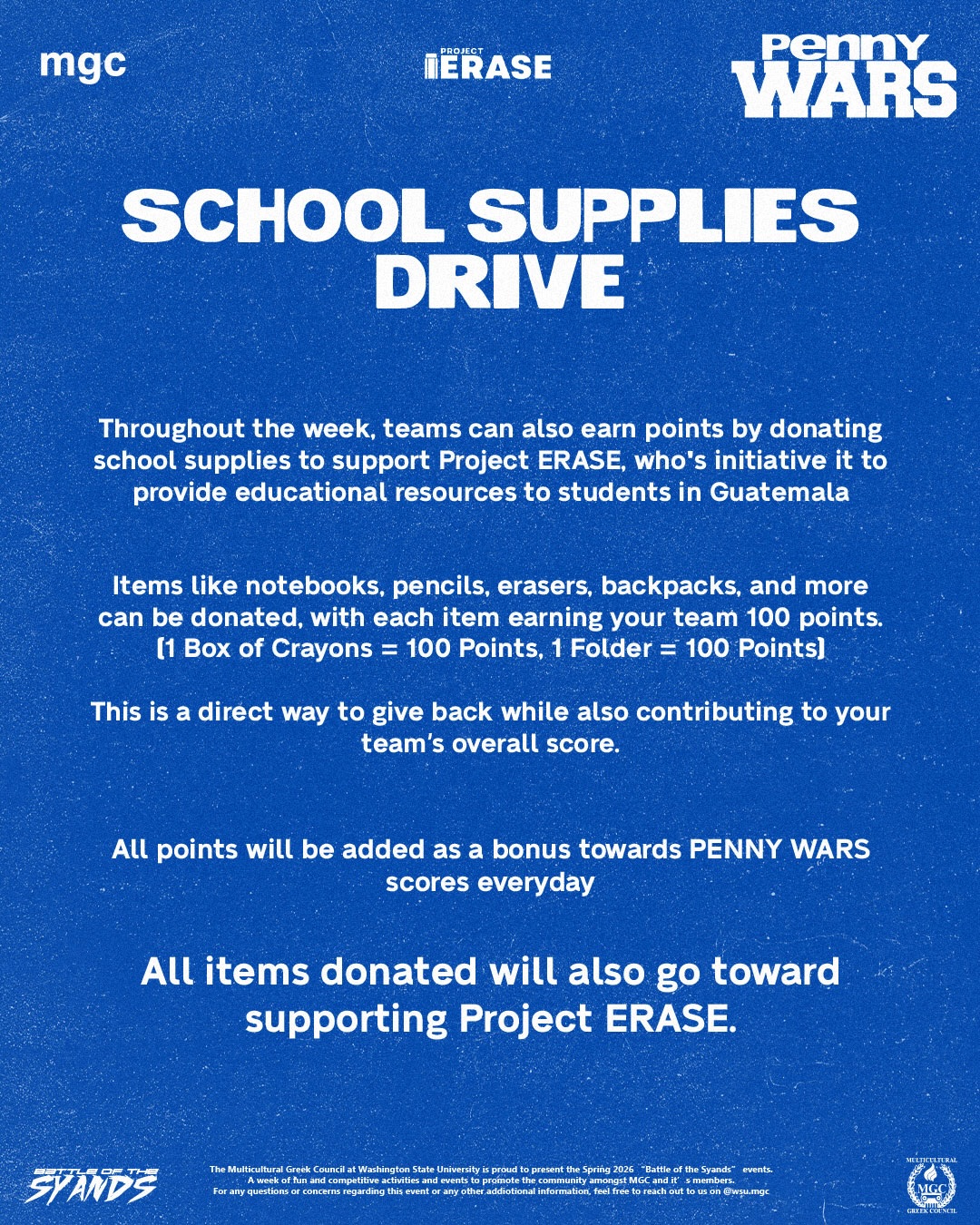 INTRODUCING BATTLE OF THE SYANDS: PENNY WARS 💙
An exclusive weeklong event of Battle of the Syands in partnership with @projecterase , Penny Wars is your chance to compete, give back, and earn points for your team!
💰 Donate coins to your team’s jar to earn points
📈 The higher the value, the more points
⚠️ Sabotage other teams by dropping dollar bills in their jars
✏️ Earn extra points by donating school supplies to support Project ERASE and students in Guatemala 🇬🇹
Every coin. Every item. Every move counts.
At the end of the week, all points go toward the Battle of the Syands scoreboard 🏁
May the best team win!