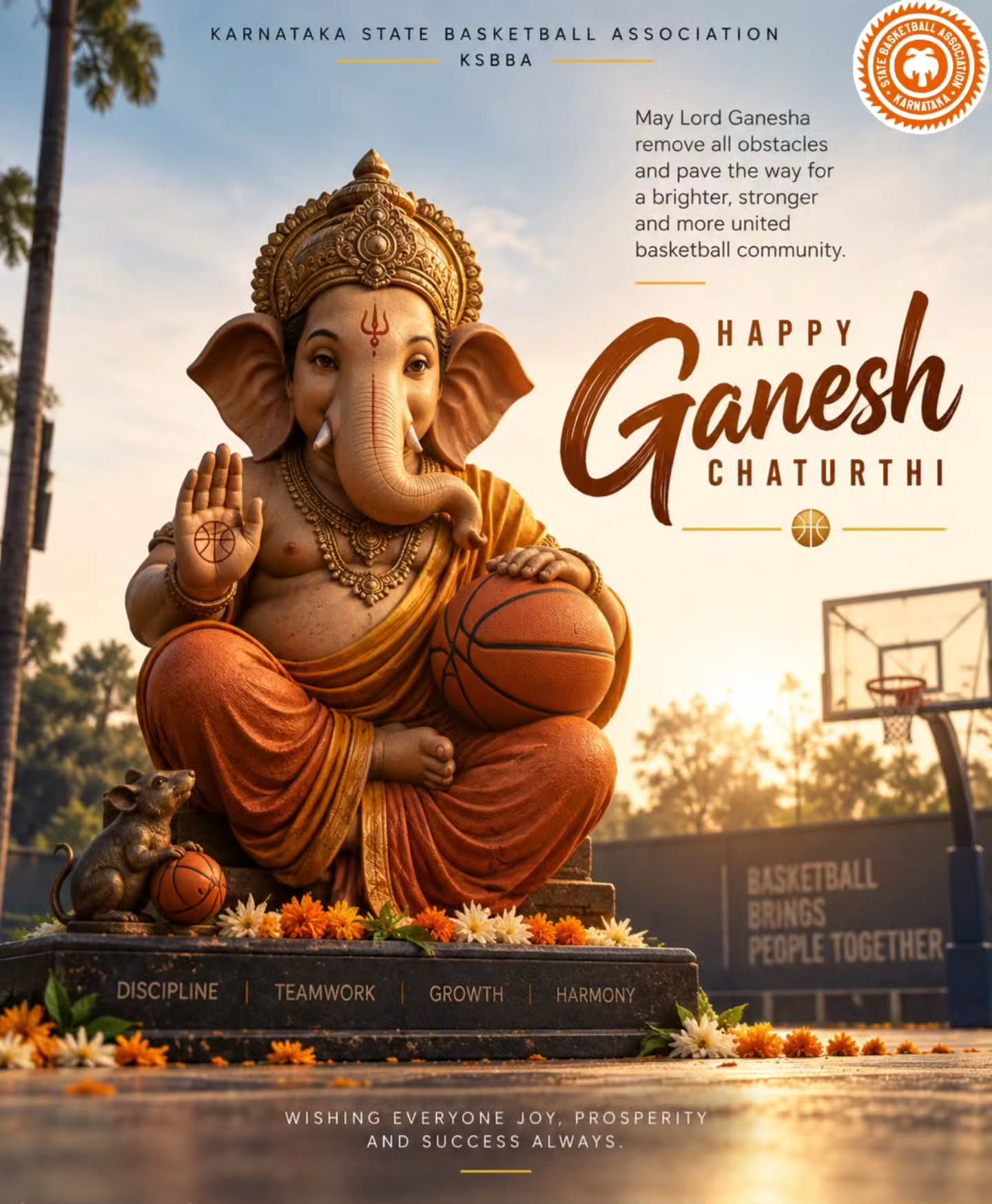 May Lord Ganesha bless everyone with strength, wisdom, prosperity and success, and remove every obstacle on the journey ahead.
Wishing the entire Karnataka basketball fraternity a joyful and blessed Ganesh Chaturthi! 🧡
Ganpati Bappa Morya! 🙏
#KSBBA #KarnatakaBasketball #GaneshChaturthi #GanpatiBappaMorya #Basketball